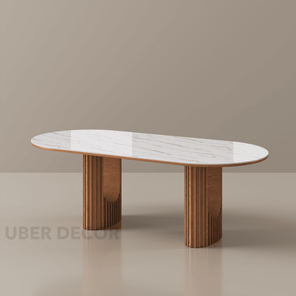 Ivory Hearth Oval Marble Top Dining Table Modern Contemporary Design with Fluted Wooden Pedestal Base for Dining Room