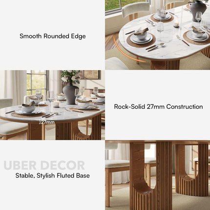 Ivory Hearth Oval Marble Top Dining Table Modern Contemporary Design with Fluted Wooden Pedestal Base for Dining Room