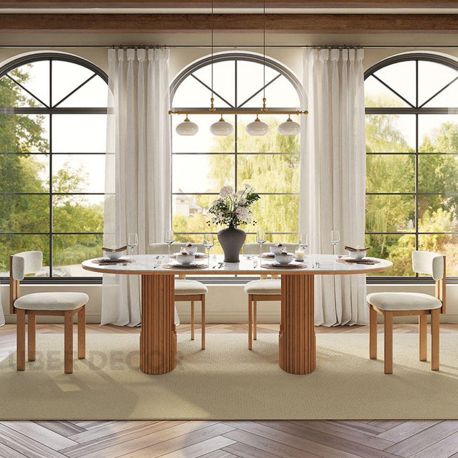Ivory Hearth Oval Marble Top Dining Table Modern Contemporary Design with Fluted Wooden Pedestal Base for Dining Room