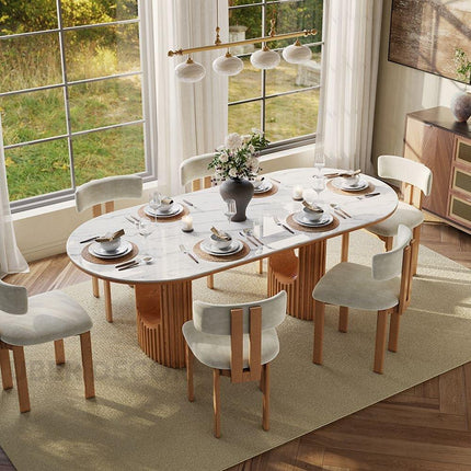 Ivory Hearth Oval Marble Top Dining Table Modern Contemporary Design with Fluted Wooden Pedestal Base for Dining Room