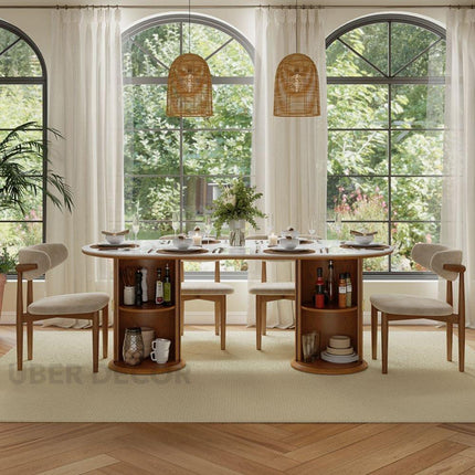 Harmony Grove Dining Table with Premium Marble Tabletop Solid Wood and MDF Base Built In Storage Custom Crafted for Elegant Modern Homes