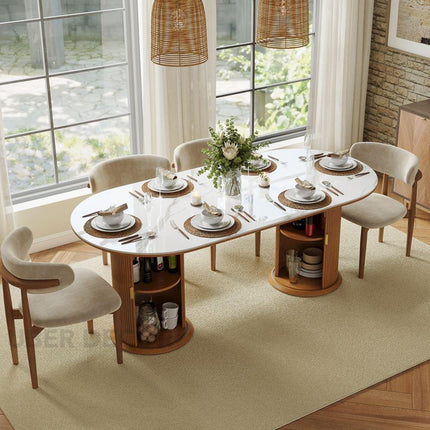 Harmony Grove Dining Table with Premium Marble Tabletop Solid Wood and MDF Base Built In Storage Custom Crafted for Elegant Modern Homes