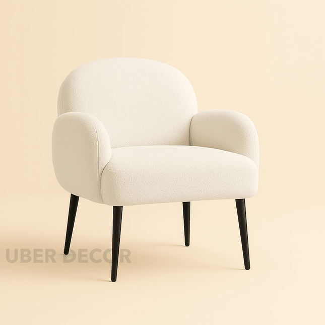 Mirena Modern Wide Base Boucle Armchair with Curved Back, Armrests and Metal Legs