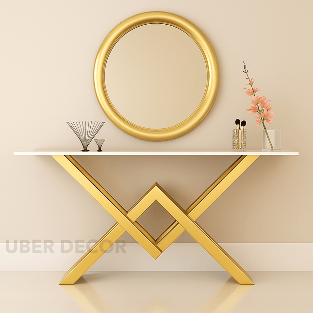 Vervara Mid-Century Modern Console Table – Customizable Marble or Glass Top with Sculptural Gold Base for Hallway or Living Room