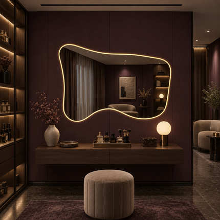 Sway Frameless Wavy LED Vanity Mirror Available in Front or Back Lit for Bathroom and Modern Interiors