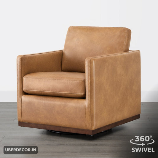 Lirene Accent Chair- Square Shaped Wide Base 360 Revolving Swivel Base Leather Arm Chair for Office or Home