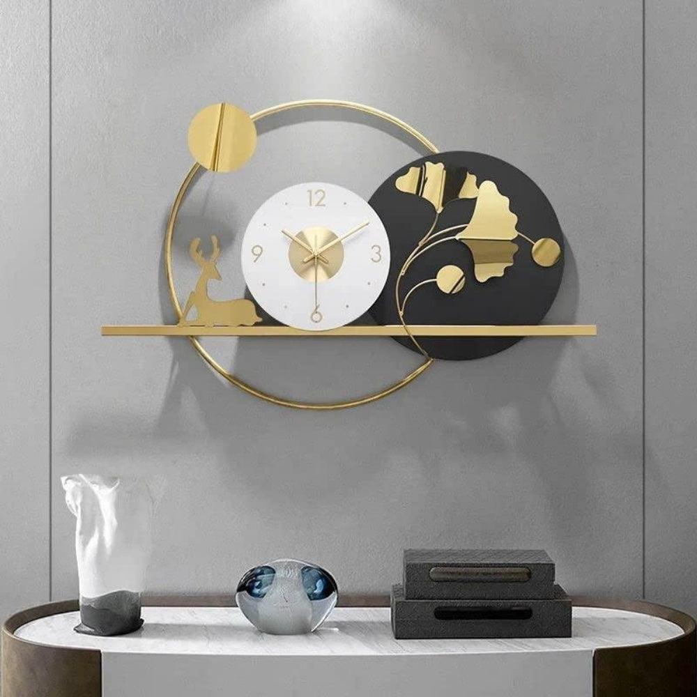 Aevum Modern Decorative White Black Gold Floral Deer Metal Wall Clock