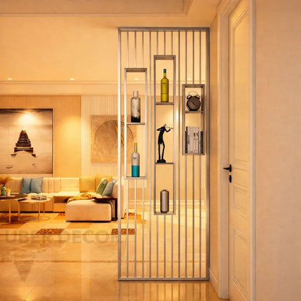 ELION Stainless Steel Vertical Slat Room Partition Divider With Open Display Shelves For Living Room And Home Office