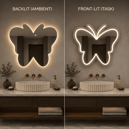 Delphine Butterfly Frameless Wall Hanging LED Mirror – Front Lit or Back Lit Statement Mirror for Bathroom & Vanity