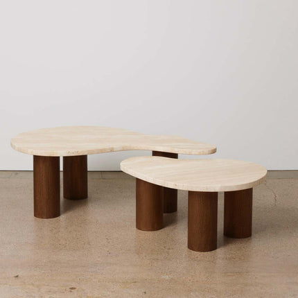 Beni River Flow Coffee Table Set of 2, Mid Century Modern European Travertine and Wood Freeform Center Tables for Living Room
