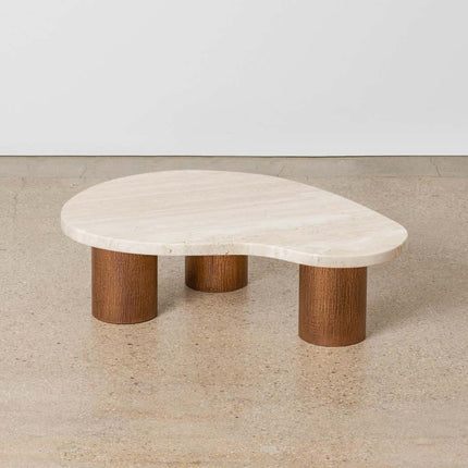 Beni River Flow Coffee Table Set of 2, Mid Century Modern European Travertine and Wood Freeform Center Tables for Living Room