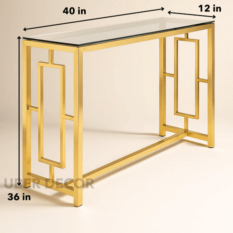 Auric Frame Mid-Century Modern Console Table – Clear Glass Top with Geometric Gold Base for Entryway or Living Room - Uber Decor