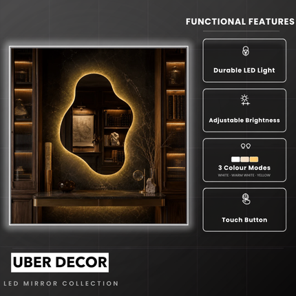 Contour Freeform Frameless LED Wall Mirror Front or Back Lit for Vanity Bedroom and Modern Interiors