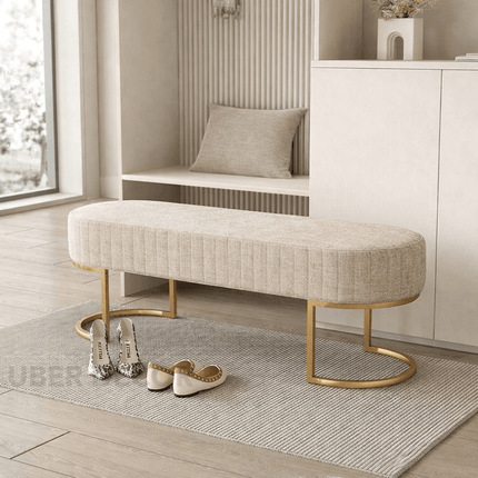 VelvetGleam Bedroom Bench - Upholstered Ottoman with Golden Legs - Extra-Long Footrest for End of Bed & Entryway