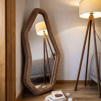 EdgeCraft Irregular Asymmetric Wall Mirror- Suede Velvet Upholstered Frame Fabric Mirror for Bedroom