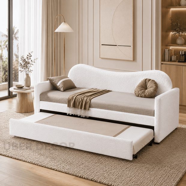 Antalya wave-back sofa bed – close-up of curved wave backrest design and upholstery
