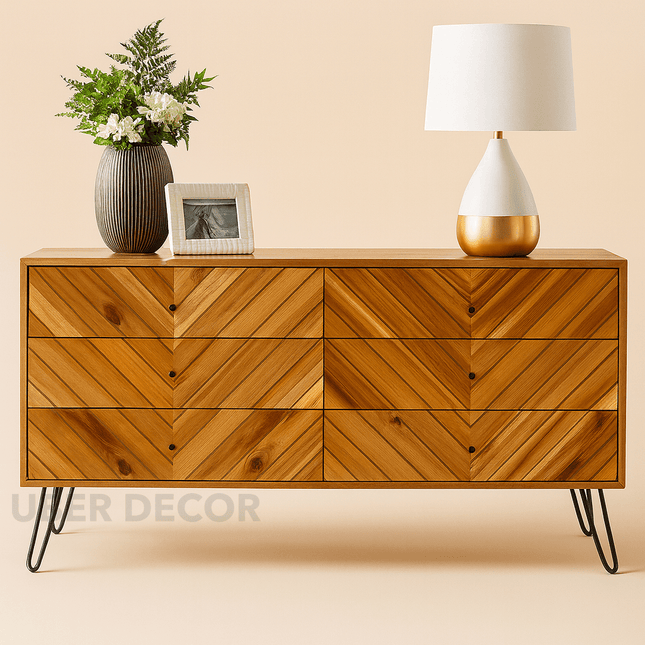 Cleo Chevron Mid Century Modern Solid Wood Chest of Drawers – Hairpin Legs, Customizable Finish – Ideal for Bedroom, Living Room & Entryway