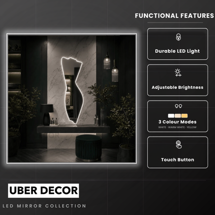 Silka Abstract Frameless LED Wall Hanging Mirror with Front or Back Lit for Bathroom Vanity and Modern Interiors