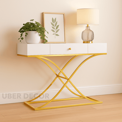 Domus Rise Display Table – White Drawer Top with Sculptural Gold Arch Base Mid‑Century Modern Accent