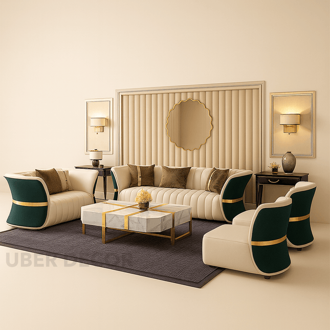Medan Luxury Modern Sofa Set for Living Room with Golden Accents and Dual Tone Upholstery Customisable Designer Sofa