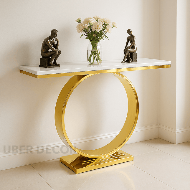 Celestial Halo Side Table – Custom Black or White Marble Top with Gold Circle Base Mid‑Century Glam Accent For Entryway & Hallway