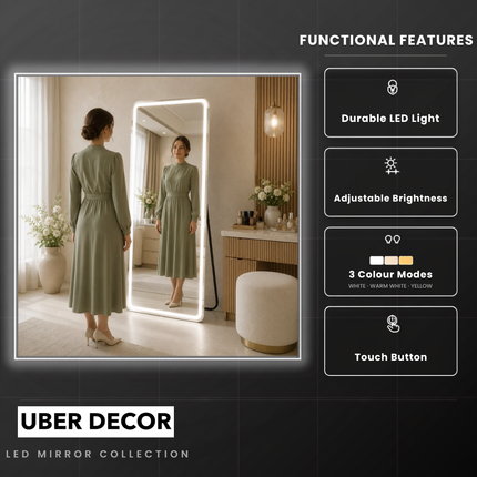 Radiance Frameless Led Mirror- Rectangle Shape LED Full Length Mirror with 3 Colour Changing Mode
