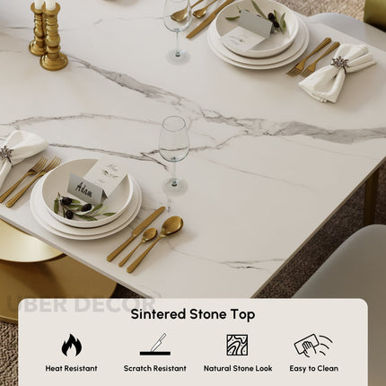 Hearthgold Embrace Luxury Marble Finish Dining Table with Sculptural Gold Metal Base Modern European Contemporary Design for Formal Dining Room