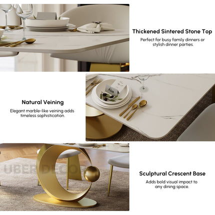 Hearthgold Embrace Luxury Marble Finish Dining Table with Sculptural Gold Metal Base Modern European Contemporary Design for Formal Dining Room