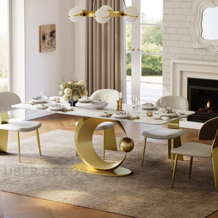 Hearthgold Embrace Luxury Marble Finish Dining Table with Sculptural Gold Metal Base Modern European Contemporary Design for Formal Dining Room