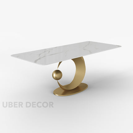 Hearthgold Embrace Luxury Marble Finish Dining Table with Sculptural Gold Metal Base Modern European Contemporary Design for Formal Dining Room
