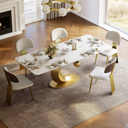 Hearthgold Embrace Luxury Marble Finish Dining Table with Sculptural Gold Metal Base Modern European Contemporary Design for Formal Dining Room
