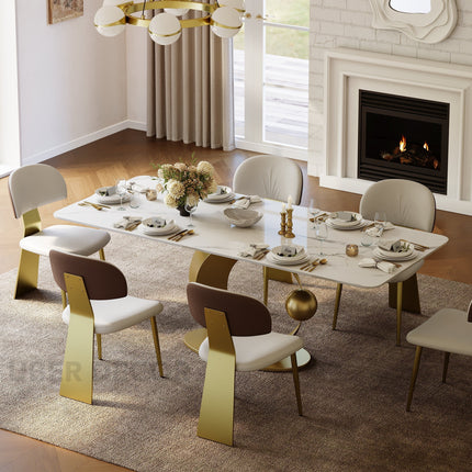 Hearthgold Embrace Luxury Marble Finish Dining Table with Sculptural Gold Metal Base Modern European Contemporary Design for Formal Dining Room
