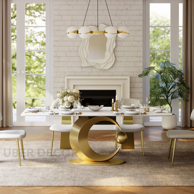 Hearthgold Embrace Luxury Marble Finish Dining Table with Sculptural Gold Metal Base Modern European Contemporary Design for Formal Dining Room