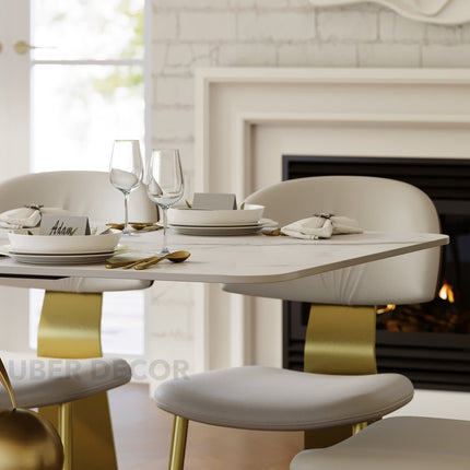 Hearthgold Embrace Luxury Marble Finish Dining Table with Sculptural Gold Metal Base Modern European Contemporary Design for Formal Dining Room