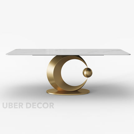 Hearthgold Embrace Luxury Marble Finish Dining Table with Sculptural Gold Metal Base Modern European Contemporary Design for Formal Dining Room