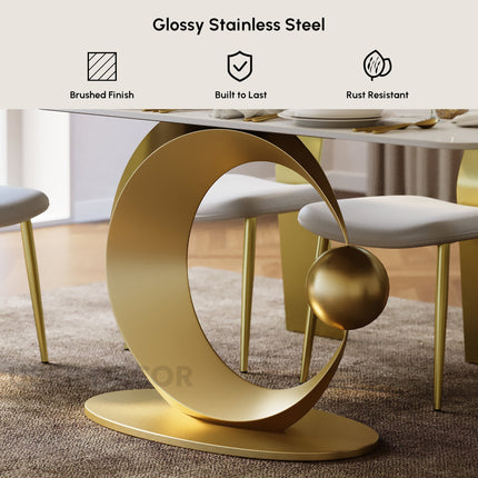 Hearthgold Embrace Luxury Marble Finish Dining Table with Sculptural Gold Metal Base Modern European Contemporary Design for Formal Dining Room