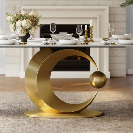 Hearthgold Embrace Luxury Marble Finish Dining Table with Sculptural Gold Metal Base Modern European Contemporary Design for Formal Dining Room