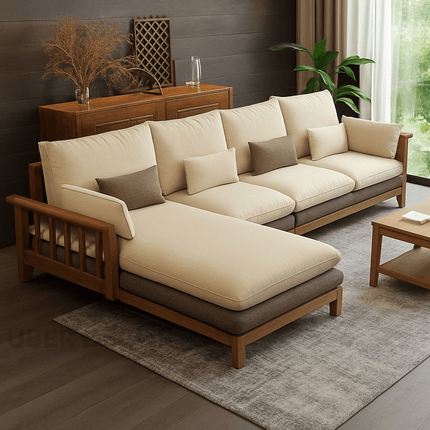 Duncan 4-Seater Japandi Style Wooden Frame L Shaped Sofa with Lounger for Living Room