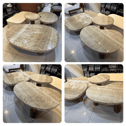Kama Multi Tier Mid Century Modern Japandi Coffee Table with Organic Faux Leather Top Solid Wood Cylindrical Legs for Living Room