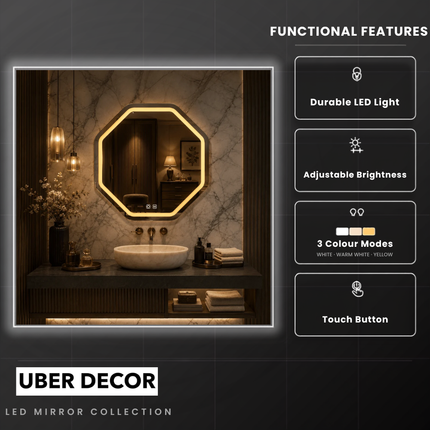 Savi Octagon Frameless LED Wall Mirror Available in Front or Back Lit for Bathroom Vanity and Modern Dressing Spaces