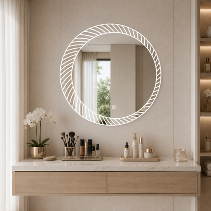 Sunburst Round Frameless Front or Backlit LED Mirror- Touch Sensor Mirror for Bathroom and Bedroom
