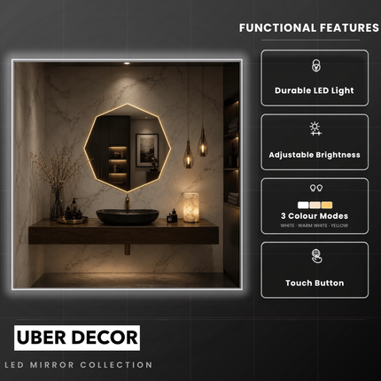 Vani Geometric Frameless LED Wall Hanging Mirror with Front or Back Lit for Bathroom Vanity Dressing Room