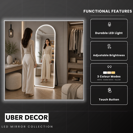 Arcelia Arched Frameless LED Full-Length Mirror – Front or Back Lit with 3-Colour Touch Control