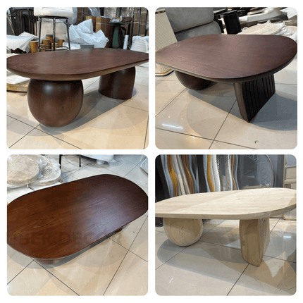 Magdalena Sculptural Mid Century Japandi Coffee Table with Organic Round Wooden Top and Sphere and Arched Block Legs