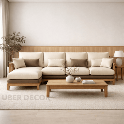 Duncan 4-Seater Japandi Style Wooden Frame L Shaped Sofa with Lounger for Living Room
