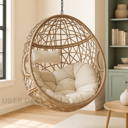 DunePod Cocoon Swing Chair – Organic Weave Comfort | Japandi Calm Aesthetic | Scandinavian Inspired | Balcony & Living Room Swing Chair for Gardens, Patios, Studies & Terraces
