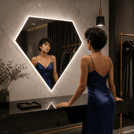 Gemma Diamond-Shaped LED Mirror – Frameless Wall Hanging Mirror with either Front or Back Lit for Vanity & Bathroom