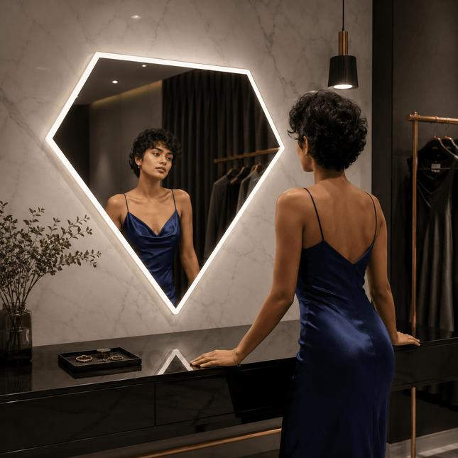 Gemma Diamond-Shaped LED Mirror – Frameless Wall Hanging Mirror with either Front or Back Lit for Vanity & Bathroom