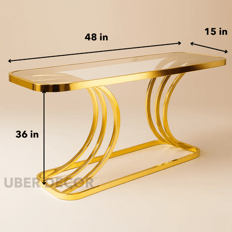 Arcadian Flow Modern Art Deco Display Table – Clear Tempered Glass Top with Curved Gold Base for Hallway or Living Room - Uber Decor
