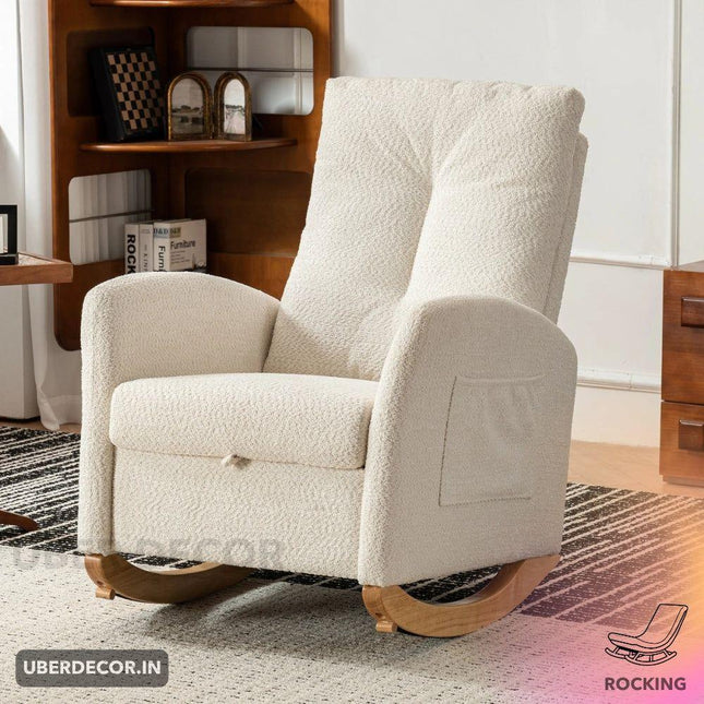 Vayra- Accent Rocking Chair with Footrest High Back Rubber Wood Rocking Legs for Bedroom, Living Space - Uber Decor